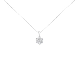 .925 Sterling Silver 1 cttw Diamond 7 Stone Flower Cluster 18" Pendant Necklace (I-J Clarity, I1-I2 Color) - 18"