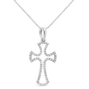 .925 Sterling Silver 1/3 Cttw Diamond Framed Open Cross 18" Pendant Necklace (J-K Color, I2-I3 Clarity)