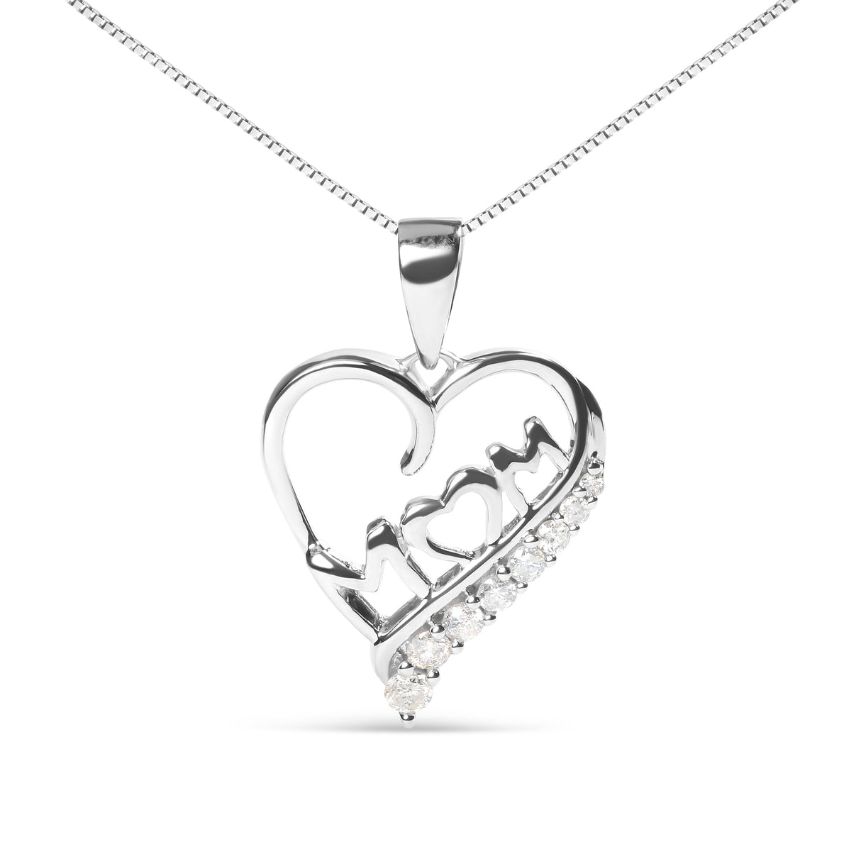 .925 Sterling Silver 1/4 Cttw Diamond  "Mom" and Open Heart 18" Pendant Necklace (I-J Color, I2-I3 Clarity)