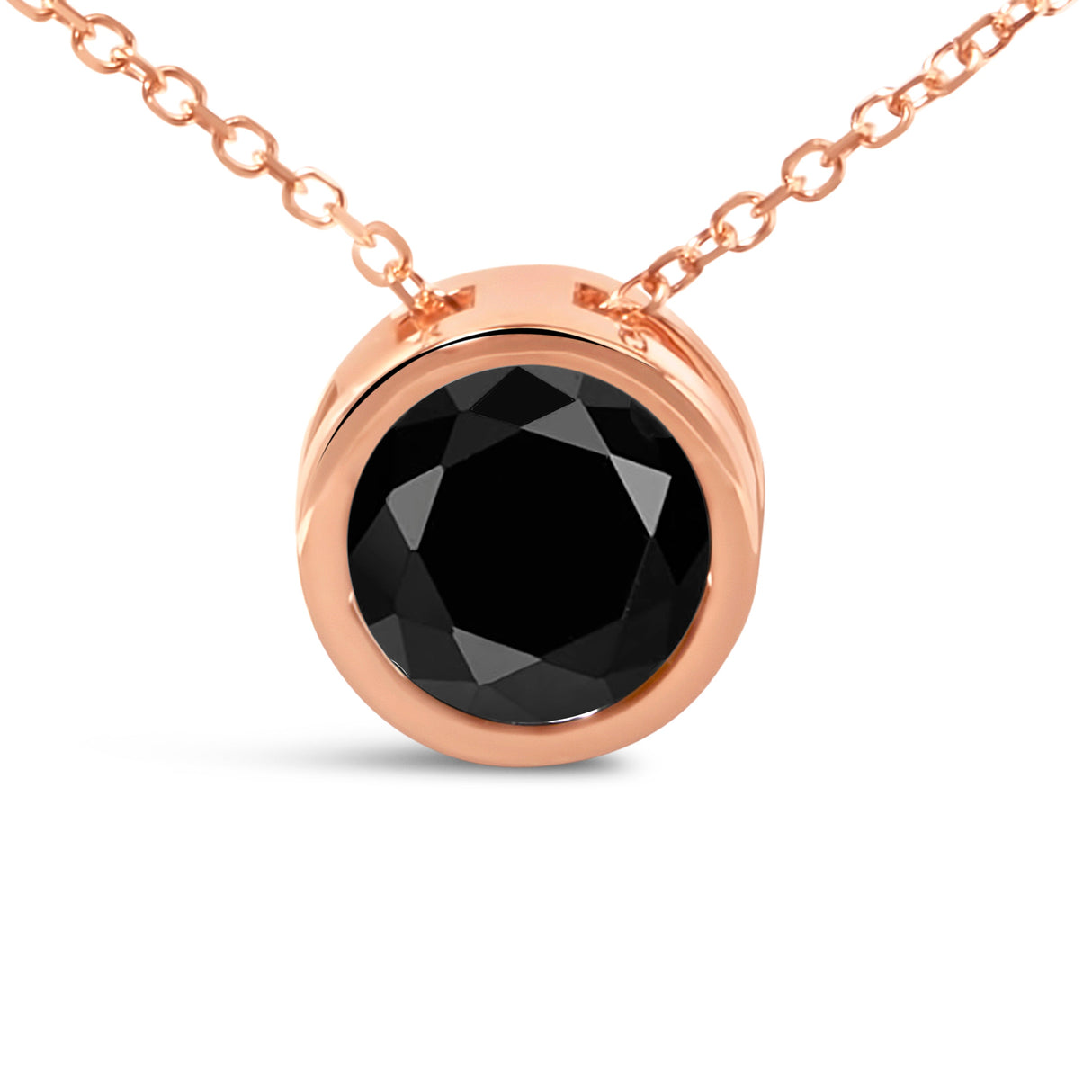14K Rose Gold 3 1/2 Cttw Bezel-Set Black Round Diamond Solitaire Pendant Necklace (Black Color, I2-I3 Clarity) - 18"