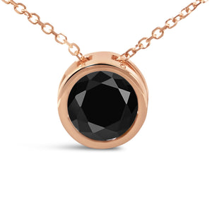 14K Rose Gold Bezel-Set Black Round Diamond Solitaire Pendant Necklace (Black Color, I2-I3 Clarity) - 18"