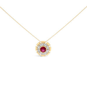 14K Yellow Gold Plated Silver Created Red Ruby and Diamond Baguette Medallion Pendant Necklace