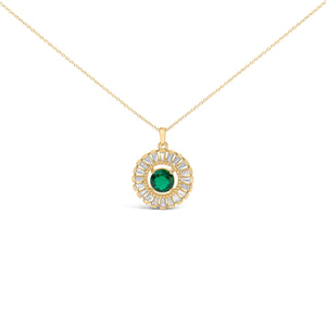 14K Yellow Gold Plated Silver Lab Grown Emerald and Diamond Sunburst Medallion Pendant Necklace