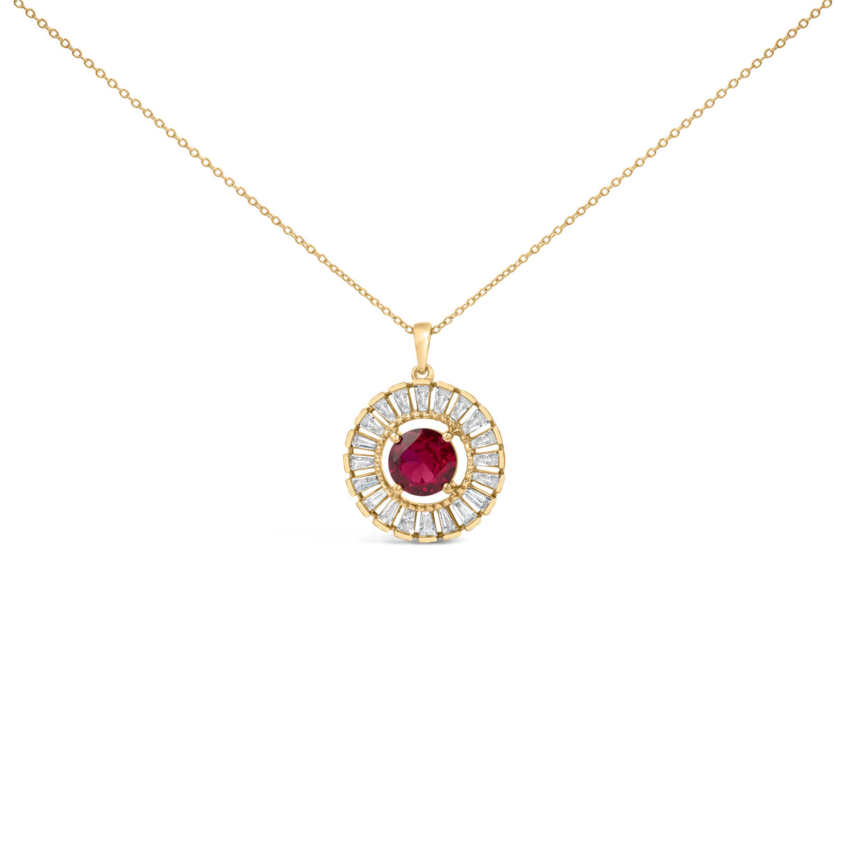 14K Yellow Gold Plated Sterling Silver Created Red Ruby and Diamond Medallion Pendant Necklace
