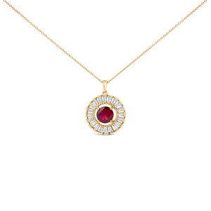 14K Yellow Gold Plated Sterling Silver Created Red Ruby and Diamond Medallion Pendant Necklace