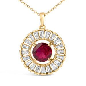 14K Yellow Gold Plated Sterling Silver Created Red Ruby and Diamond Medallion Pendant Necklace