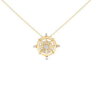 14K Yellow Gold Plated Sterling Silver 1/3 Cttw Diamond Compass Pendant Necklace