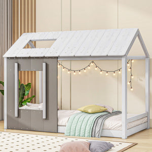 Twin Size House Platform Bed With Roof And Window - Natural / White