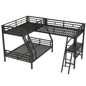 Twin Over Full Bunk Bed With Loft And Desk, L-Shaped Design For 3 Sleepers - Black