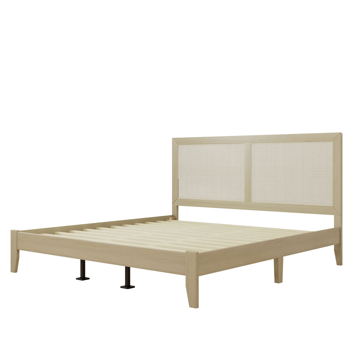 Solid Wood Platform King Bed With Rattan