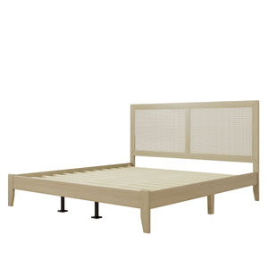 Solid Wood Platform King Bed With Rattan