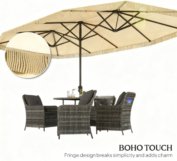 Extra Large Outdoor Umbrella with Fringe and Crank Handle