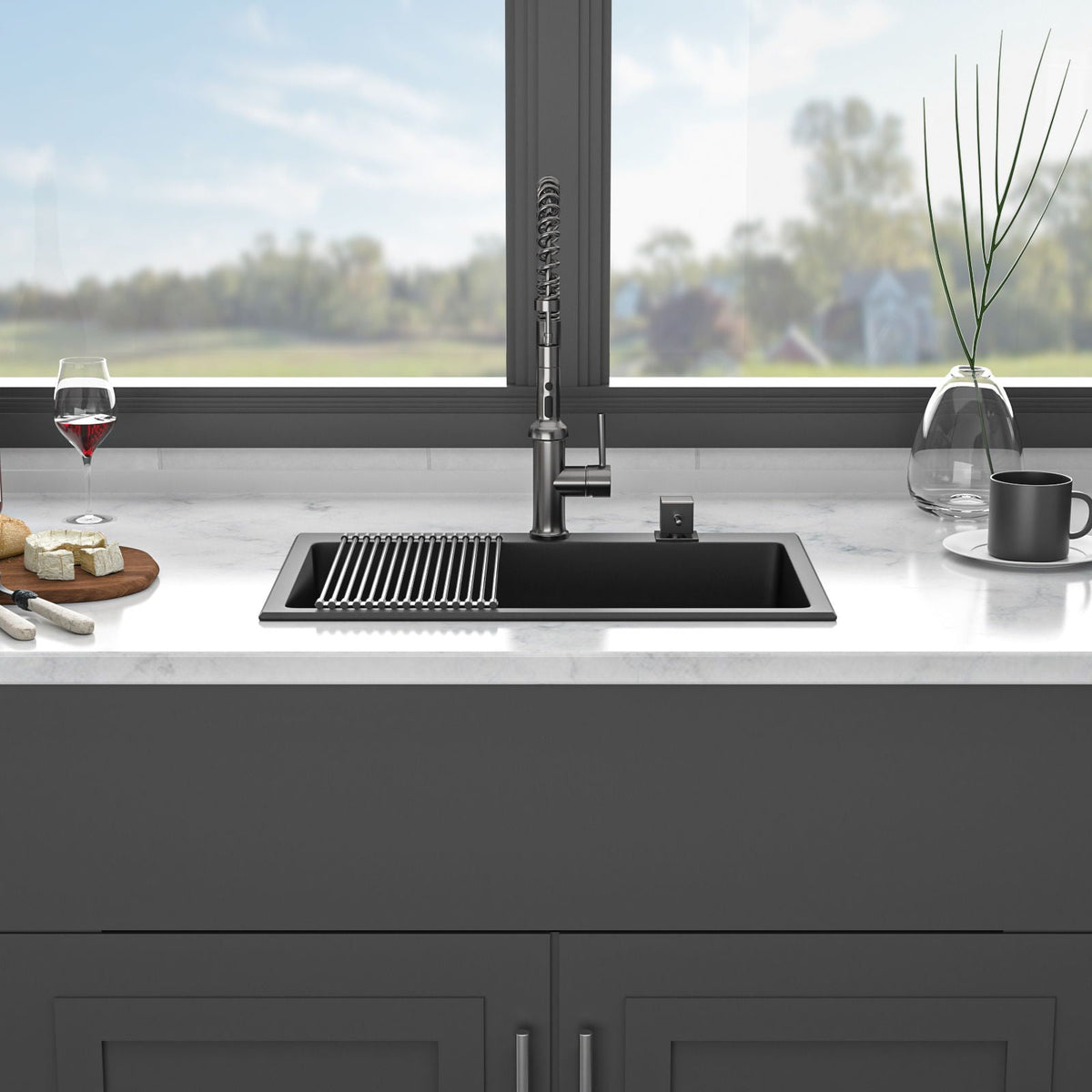 Quartz Kitchen Sink, Granite Composite, Drop In Sink With Durable Design