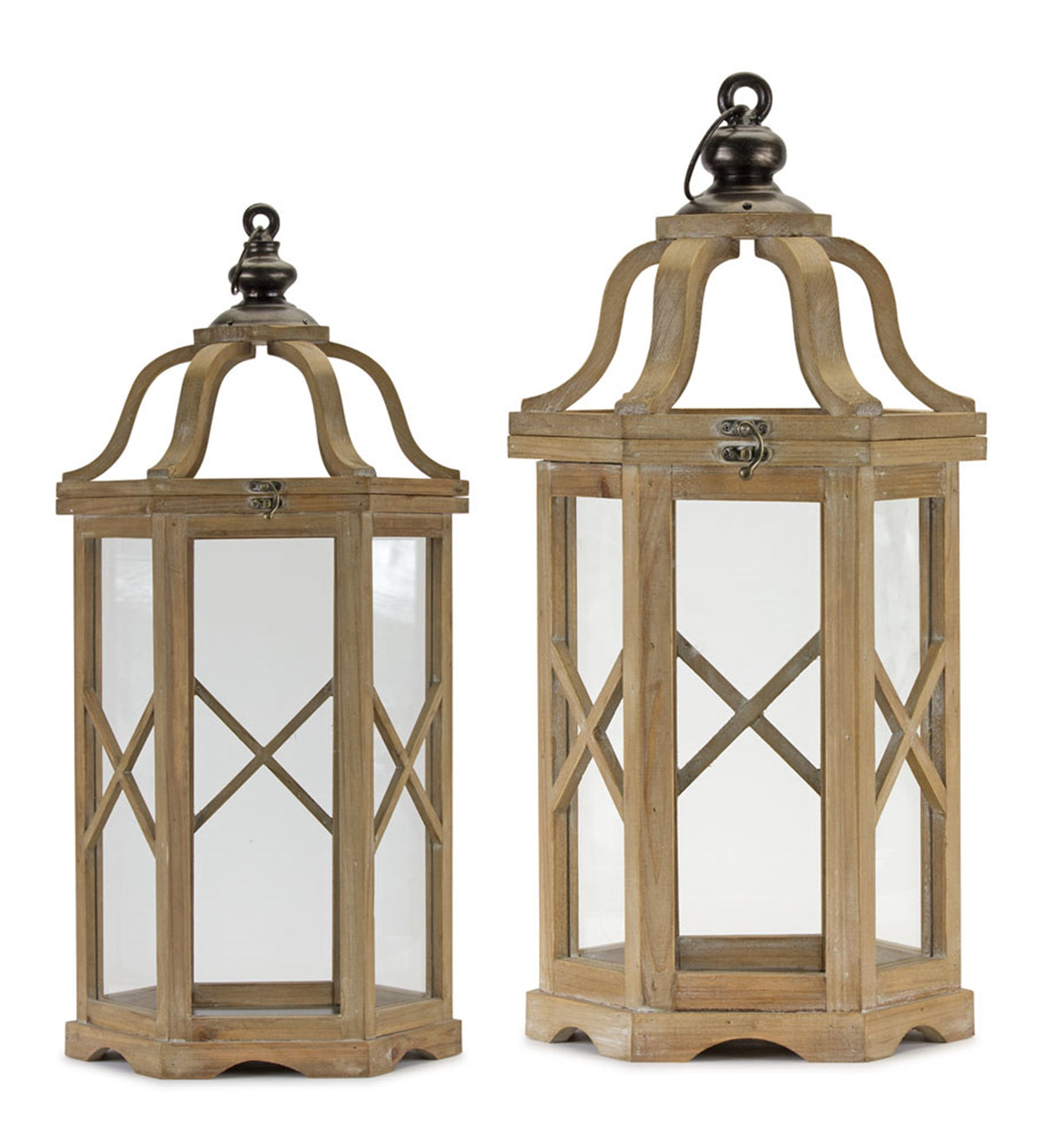 Natural wood hexagon lantern with curved top (set of 2)