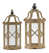 Natural wood hexagon lantern with curved top (set of 2)