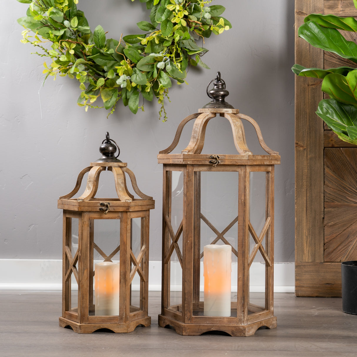 Natural wood hexagon lantern with curved top (set of 2)