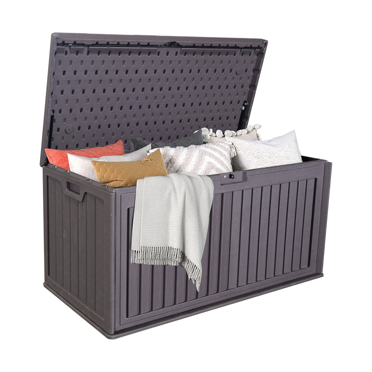 100 gallon resin outdoor deck box waterproof, plastic patio storage box with side handles, lockable storage containers for patio furniture cushions, pool accessories, garden tools brown