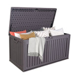 100 gallon resin outdoor deck box waterproof, plastic patio storage box with side handles, lockable storage containers for patio furniture cushions, pool accessories, garden tools brown