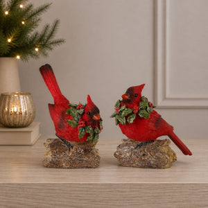 Perched Cardinal Bird on Log with Holly Wreath Accent (Set of 4)