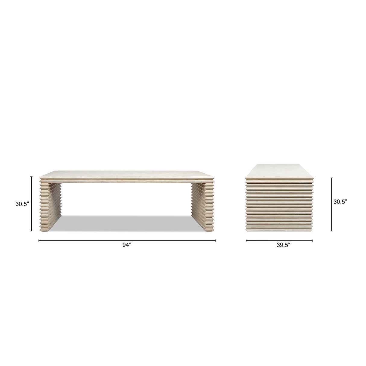Veda 94' Reclaimed Wood Stacked Geometric Waterfall Dining Table, Seats up to 8, Whitewashed Natural Reclaimed Pine Wood