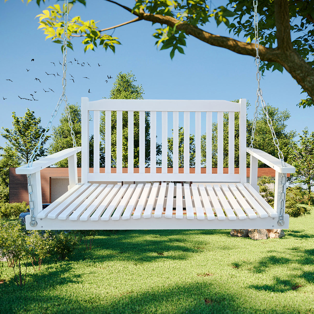 Front porch swing with armrests, wood bench swing with hanging chains,for outdoor patio ,garden yard, porch, backyard, or sunroom,easy to assemble,white