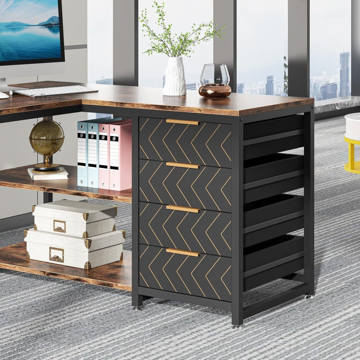 L-Shaped Computer Desk With Drawers And Shelves, Workstation For Home Office