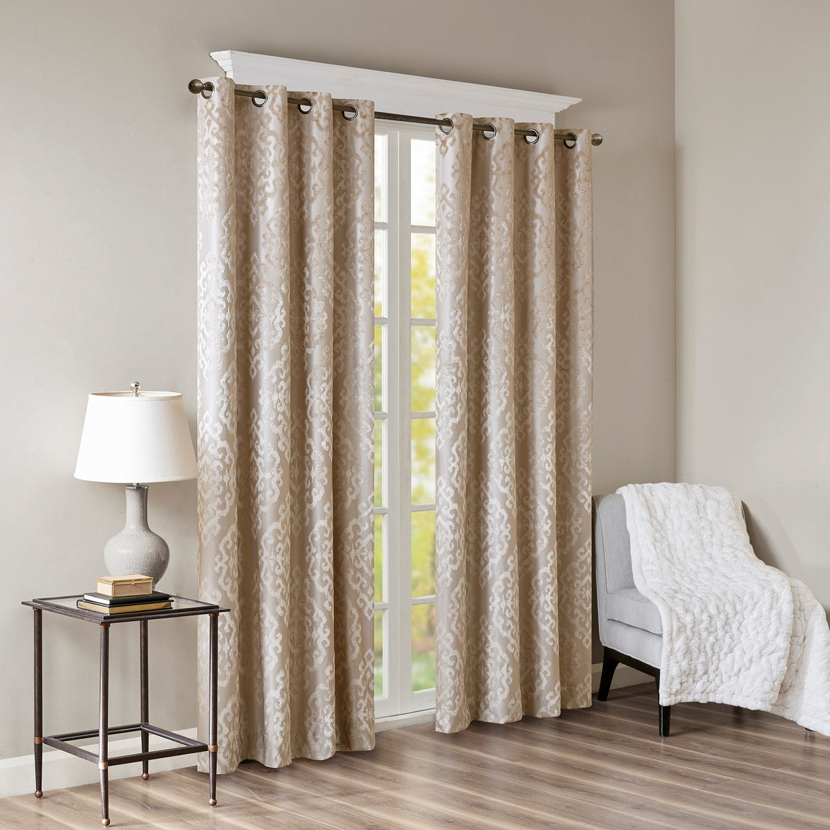 Knitted Jacquard Damask Total Blackout Grommet Top Curtain Panel - Champagne