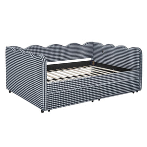 Full Size Cozy Gingham Daybed with Two Storage Drawers, with USB Port and Adorable Wave Shaped, Linen Fabric