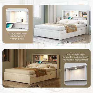Platform Bed With Bookcase Headboard, Built-In Downlight, Charging Station, And 2 Side Drawers