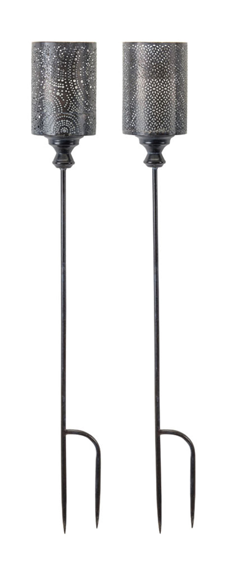 Black punched metal candle holder garden stake (set of 4)