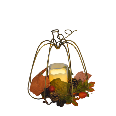 Harvest Metal Pumpkin with Leaves and LED Candle