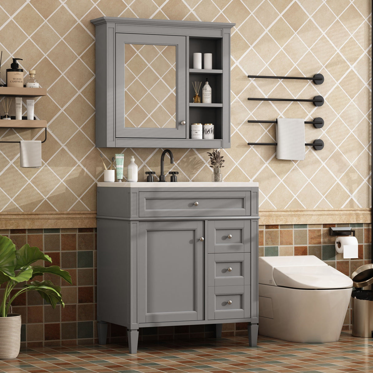 Bathroom Vanity With Top Sink, 2 Doors And 3 Drawers, Freestanding Set With Mirror Cabinet