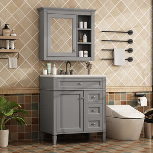 Bathroom Vanity With Top Sink, 2 Doors And 3 Drawers, Freestanding Set With Mirror Cabinet
