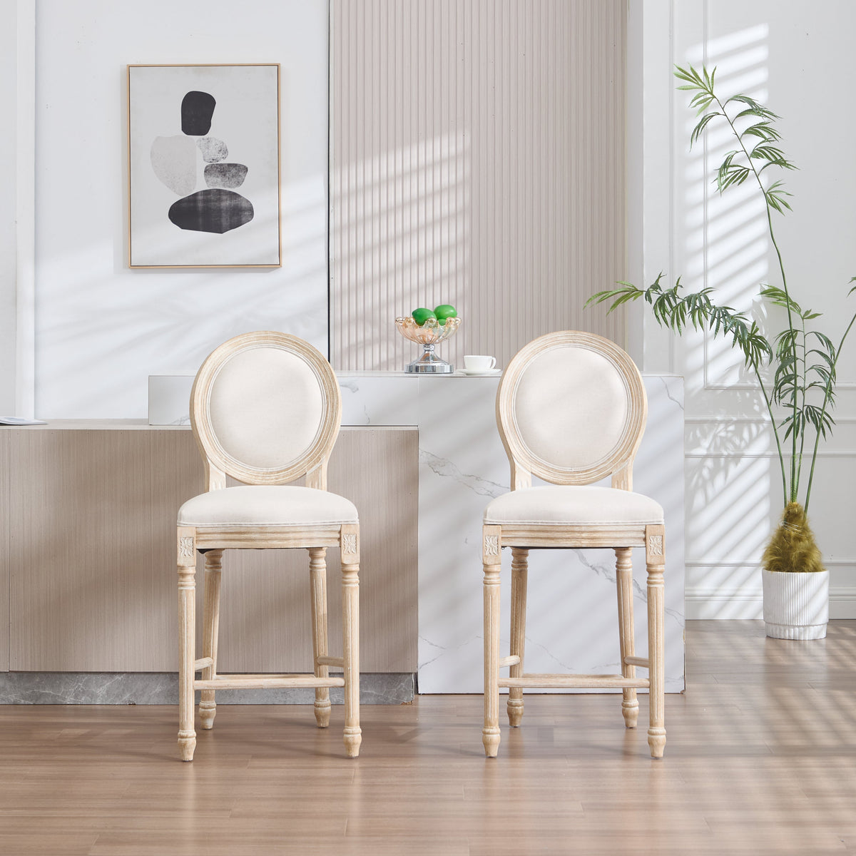French Country 26'' Height Bar Chairs with Beige Linen Upholstery - Set of 2