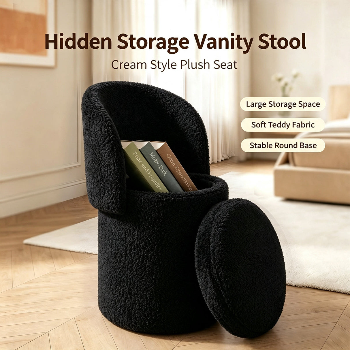 Upholstered Makeup Stool with Storage and Foldable Backrest