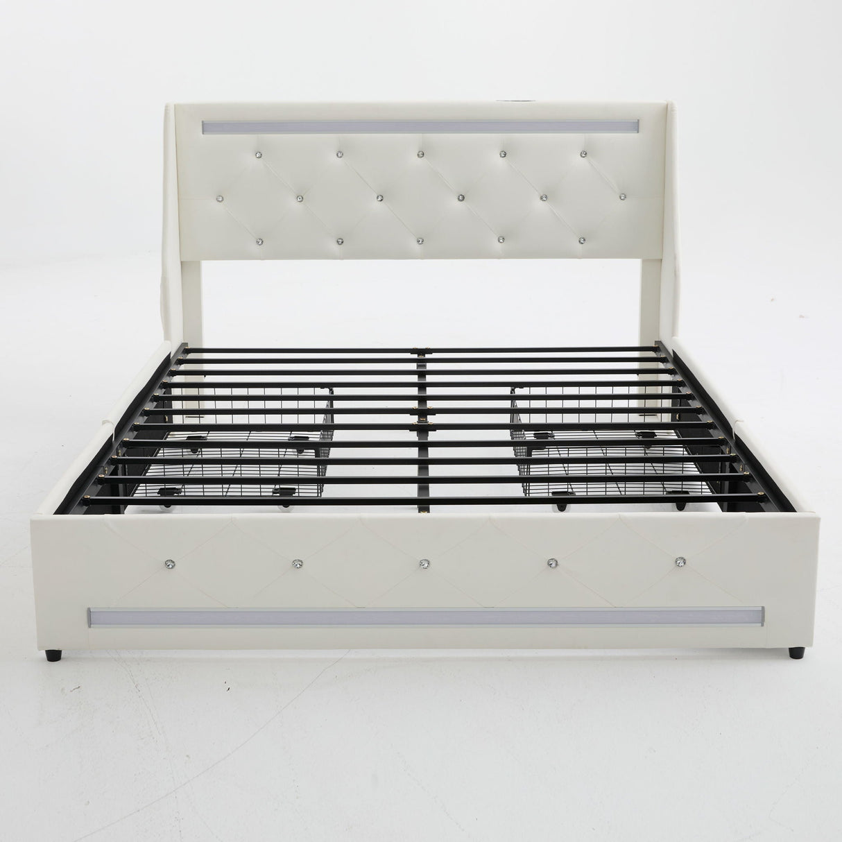 Wingback Upholstered Bed Frame With LED Lights, Charging Station