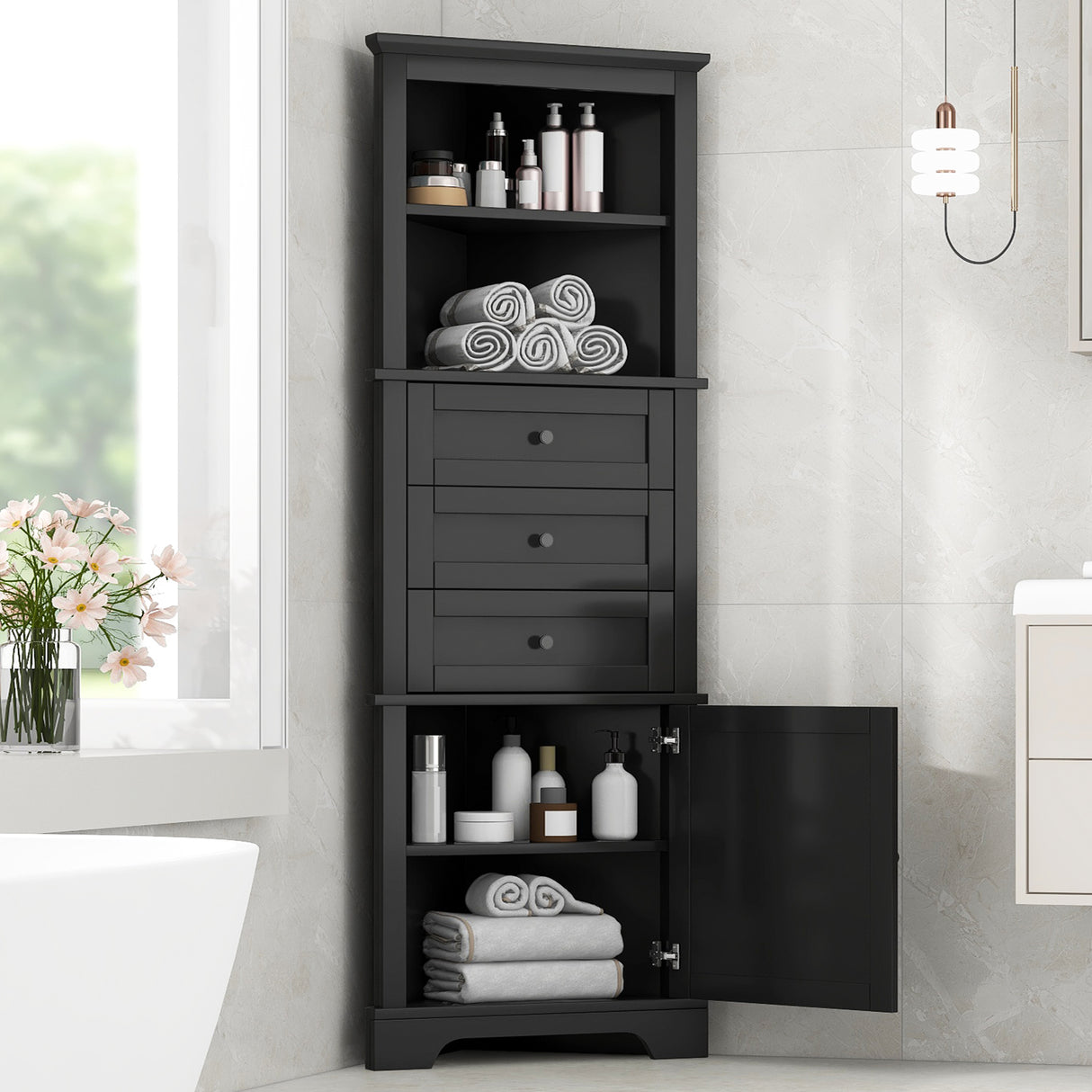 Tall Black Triangle Corner Storage Cabinet with Drawers and Adjustable Shelf