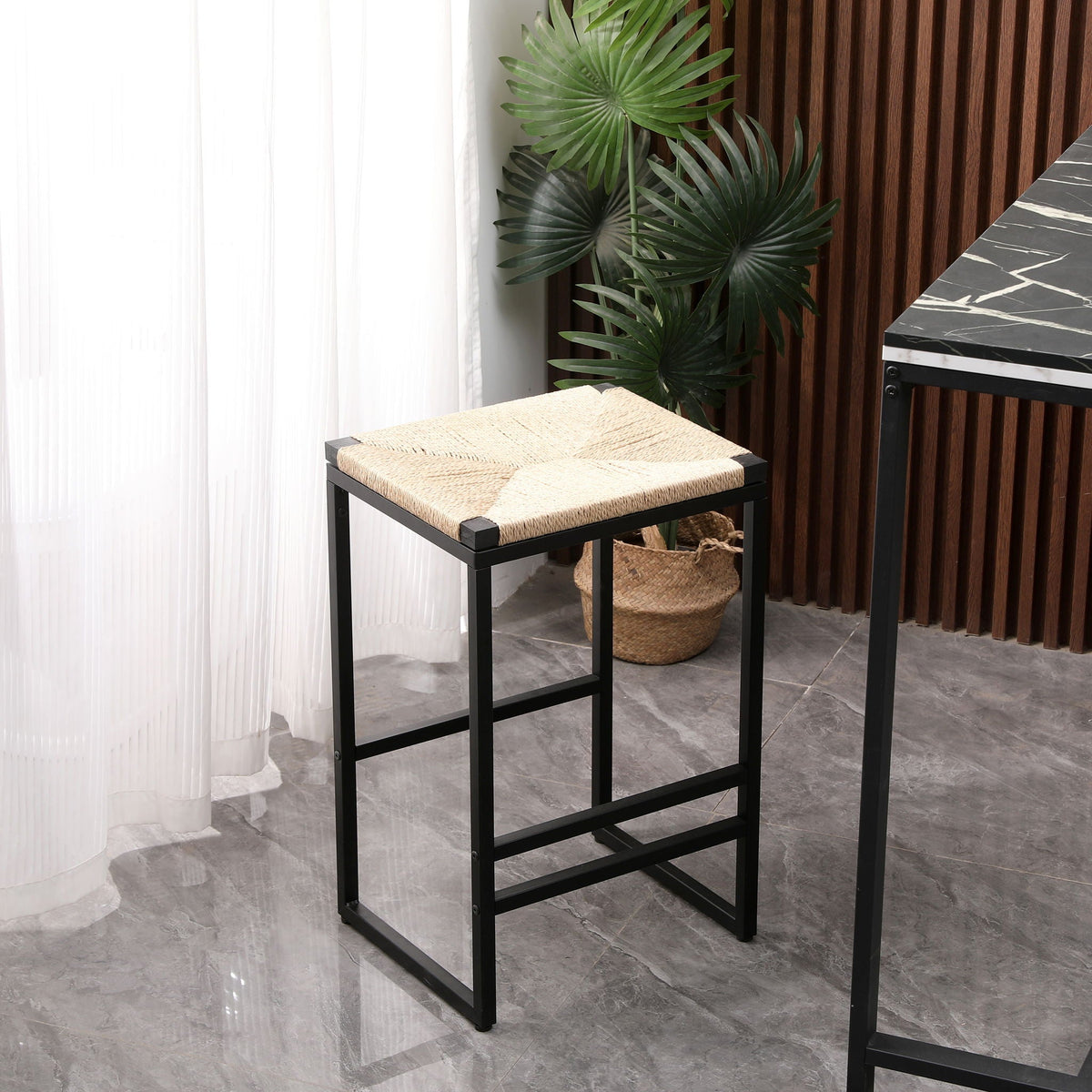 Boho Style Backless Bar Stools (Set of 2) With Paper Rope Woven Seat & Metal Frame For Kitchen Counter