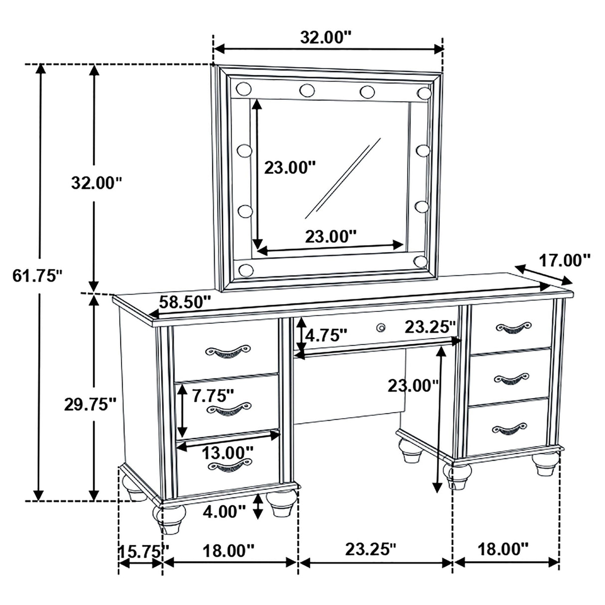 Charlotte - 7 Drawer Vanity Desk With LED Mirror - White