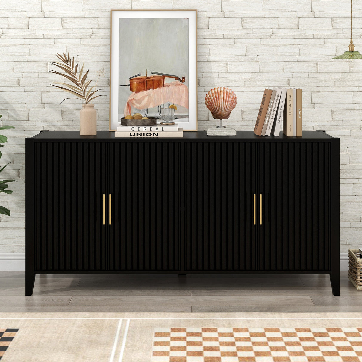 U_Style Modern 4-Vertical Wavy Slatted Doors Sideboard