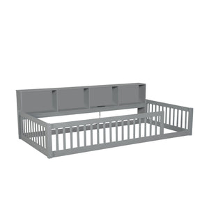 Twin Long Floor Bed With Storage Cabinets And USB Ports - Gray