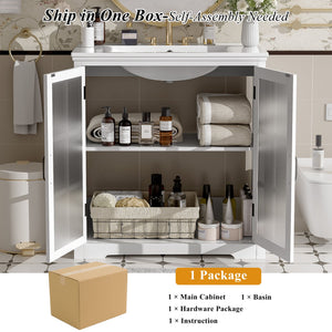 Modern Bathroom Vanity With Ceramic Sink, Tempered Blurred Glass Doors