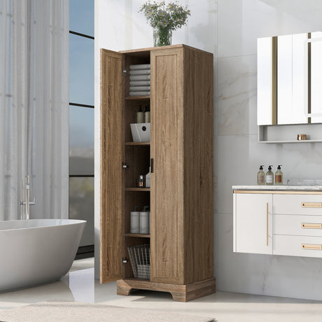Tall Brown Storage Cabinet with Adjustable Shelves and Double Doors