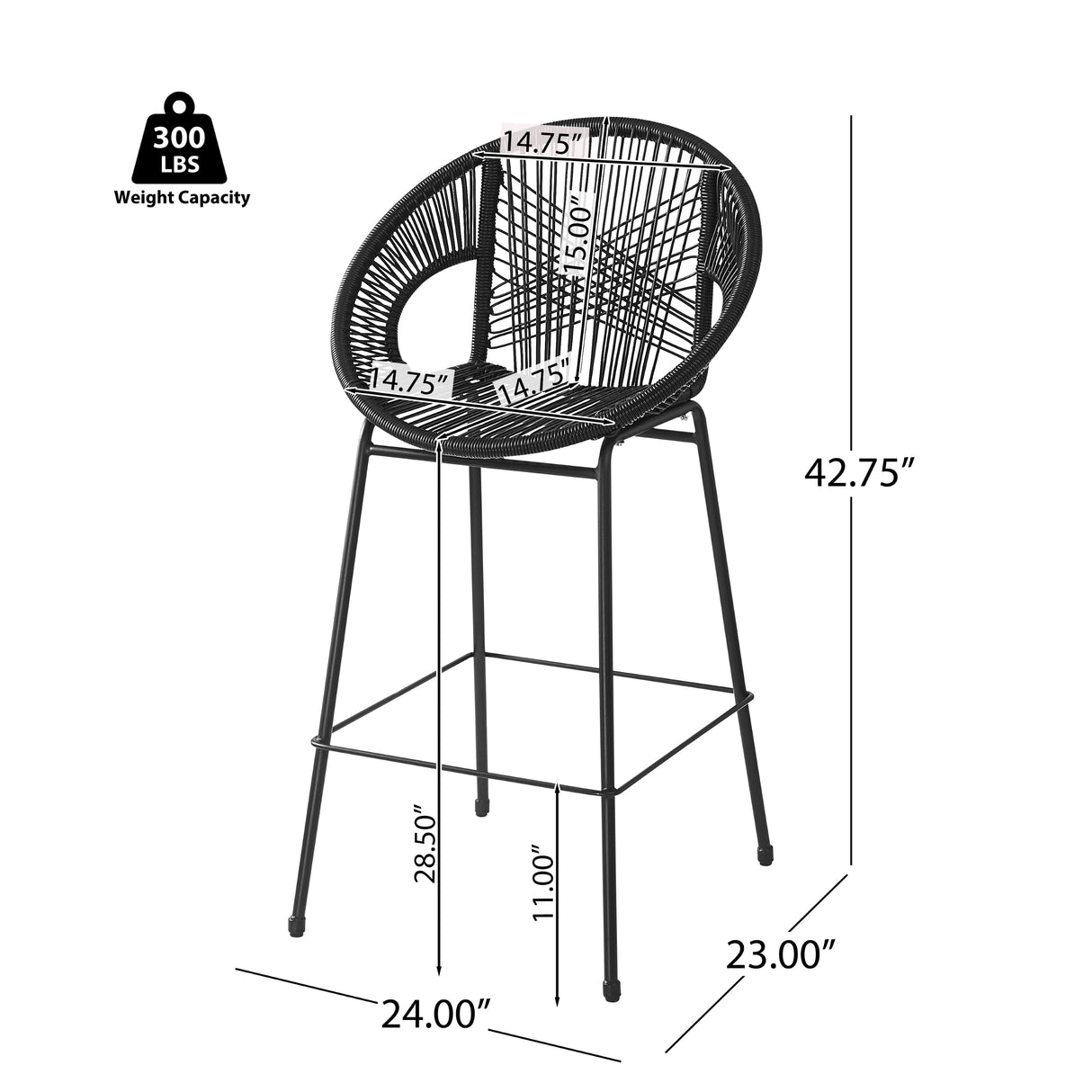 Ferrara Outdoor Patio Barstool Set of 2 - Black Faux Wicker PE Rattan with Iron Frame