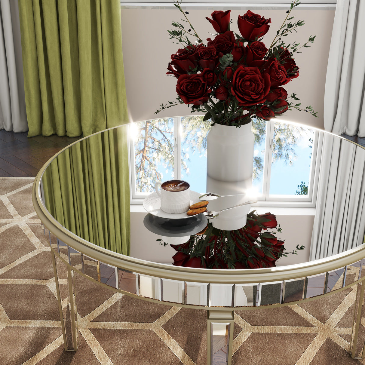 Round Glass Dining Table with Mirror Top