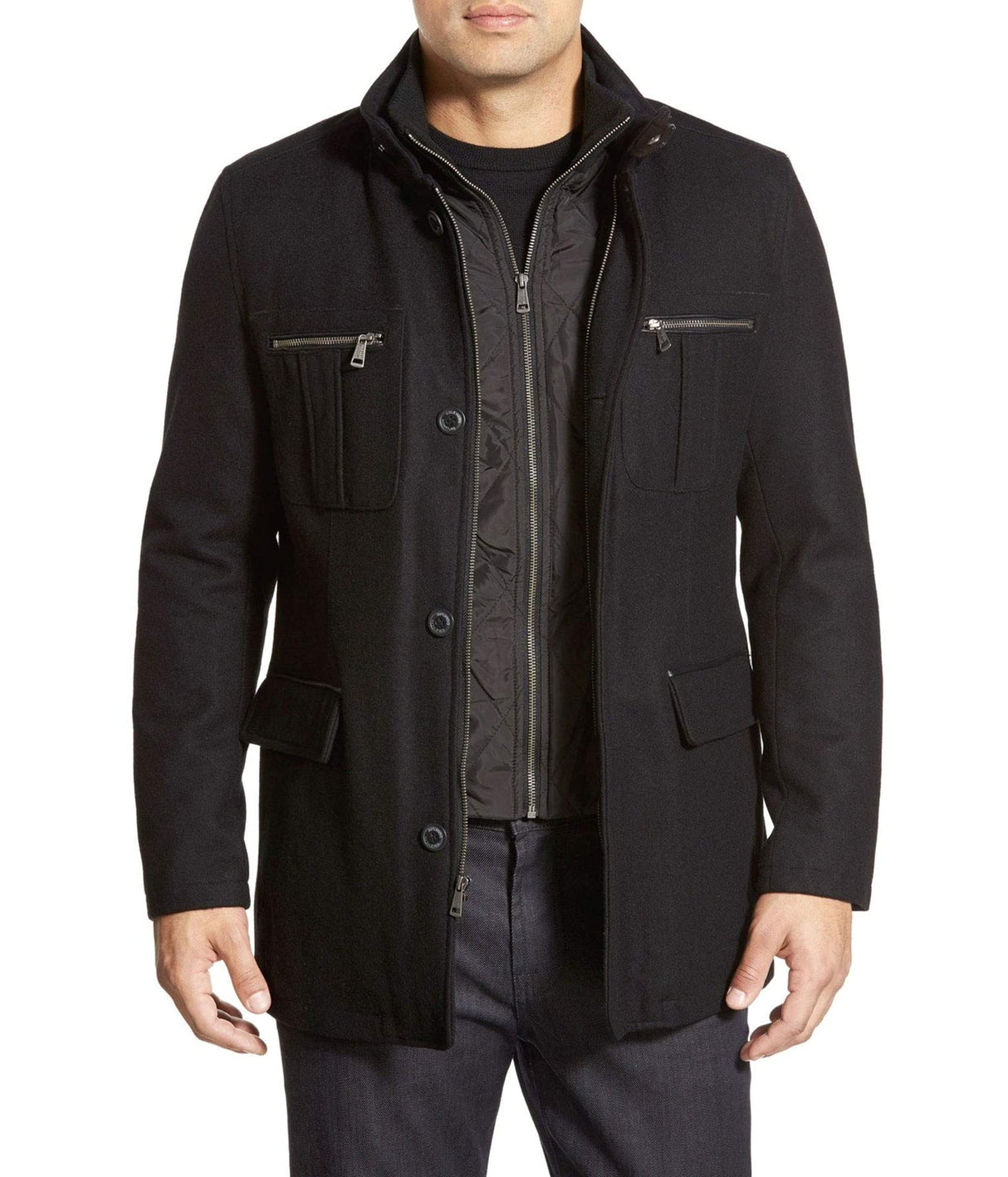 Cole Haan Signature Men's Wool Melton Coat with Nylon Bib, Black, X-Large