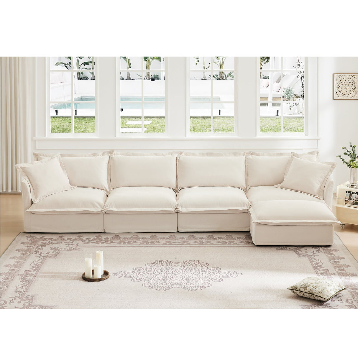 Slipcovered L Shape Sectional Long Sofa Couch - 4 Seater