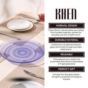 Glass Hobnail Dinner or Charger Plates | Set of 4 | Blue