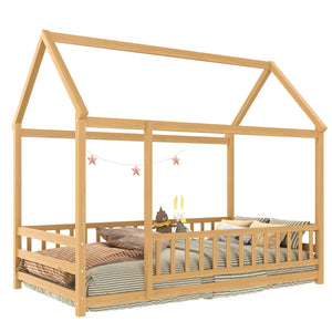 Twin Size Floor Wooden Bed with House Roof Frame, Fence Guardrails