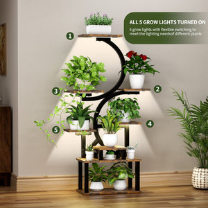 8 Tier Indoor Plant Stand With 5 Grow Lights - Rustic Brown